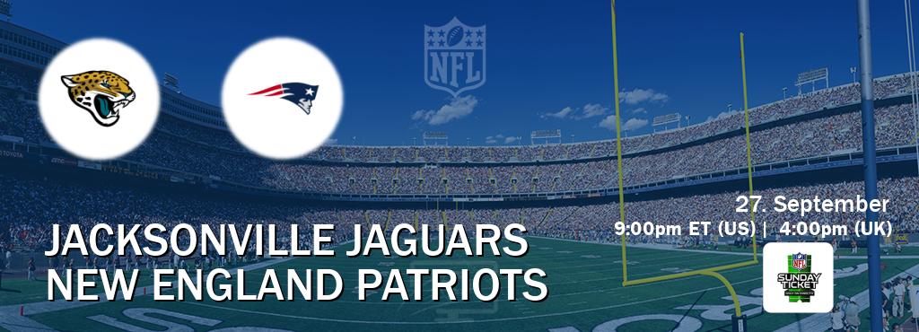 You can watch game live between Jacksonville Jaguars and New England Patriots on NFL Sunday Ticket(US).