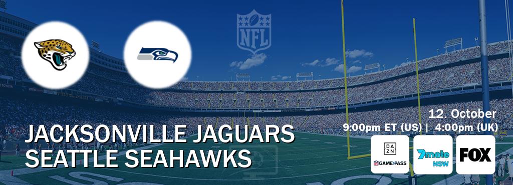 You can watch game live between Jacksonville Jaguars and Seattle Seahawks on DAZN NFL Game Pass, 7Mate Sydney(AU), FOX(US). You can watch game live between Jacksonville Jaguars and Seattle Seahawks on DAZN NFL Game Pass, 7Mate Sydney(AU), FOX(US).