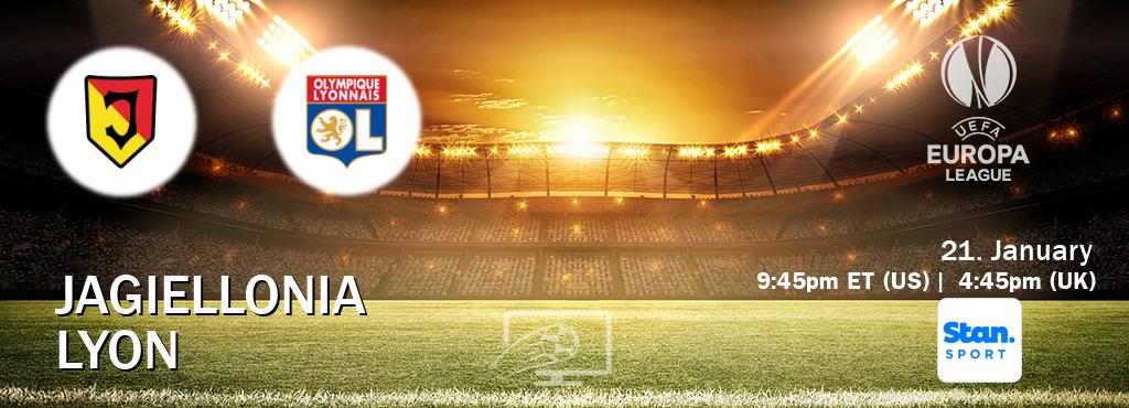 You can watch game live between Jagiellonia and Lyon on Stan Sport(AU). You can watch game live between Jagiellonia and Lyon on Stan Sport(AU).