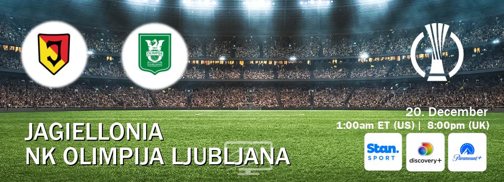 You can watch game live between Jagiellonia and NK Olimpija Ljubljana on Stan Sport(AU), Discovery +(UK), Paramount+(US).