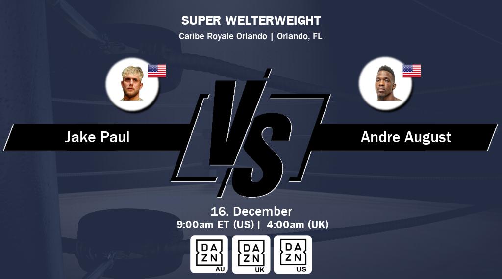Figth between Jake Paul and Andre August will be shown live on DAZN(AU), DAZN UK(UK), DAZN(US).