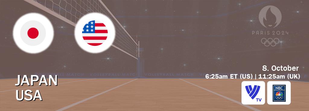 You can watch game live between Japan and USA on Volleyball TV and NBC Olympics(US).