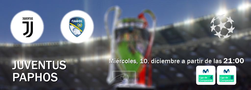 El partido entre Juventus y Paphos será retransmitido por Movistar Liga de Campeones 4 y Movistar Liga de Campeones 8 (miércoles, 10. diciembre a partir de las  21:00).
