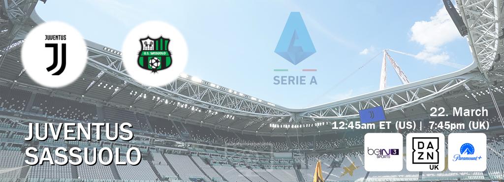 You can watch game live between Juventus and Sassuolo on beIN SPORTS 3(AU), DAZN UK(UK), Paramount+(US). You can watch game live between Juventus and Sassuolo on beIN SPORTS 3(AU), DAZN UK(UK), Paramount+(US).