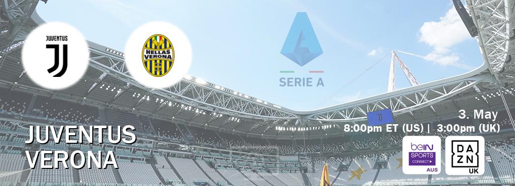 You can watch game live between Juventus and Verona on beIN Sports Connect(AU) and DAZN UK(UK).