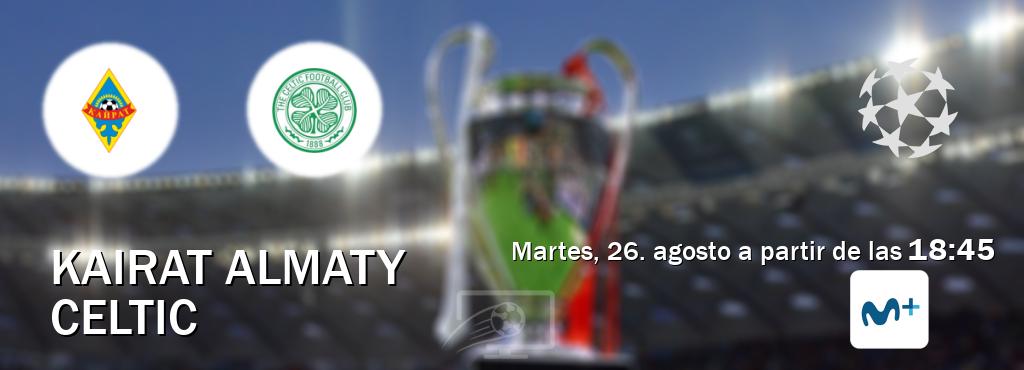 El partido entre Kairat Almaty y Celtic será retransmitido por Movistar Liga de Campeones (martes, 26. agosto a partir de las 18:45). El partido entre Kairat Almaty y Celtic será retransmitido por Movistar Liga de Campeones (martes, 26. agosto a partir de las 18:45).