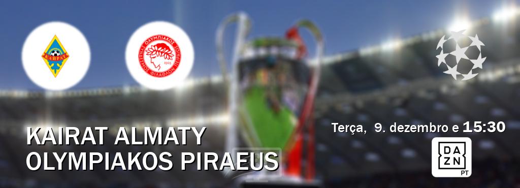 Jogo entre Kairat Almaty e Olympiakos Piraeus tem emissão DAZN (terça,  9. dezembro e  15:30).