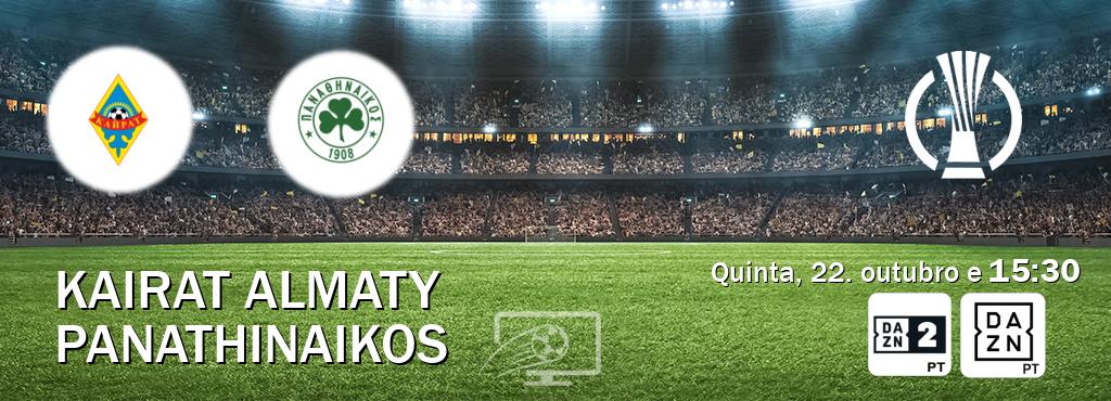 Jogo entre Kairat Almaty e Panathinaikos tem emissão DAZN Eleven 2, DAZN (quinta, 22. outubro e 15:30). Jogo entre Kairat Almaty e Panathinaikos tem emissão DAZN Eleven 2, DAZN (quinta, 22. outubro e 15:30).