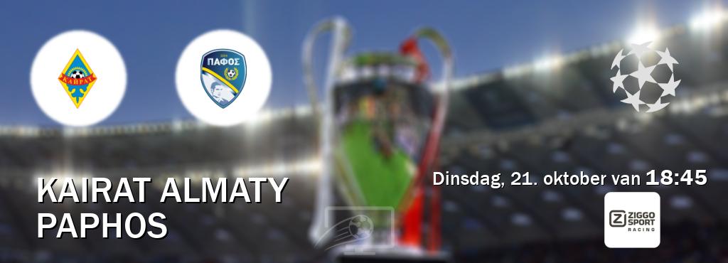 Wedstrijd tussen Kairat Almaty en Paphos live op tv bij Ziggo Sport 3 (dinsdag, 21. oktober van 18:45). Wedstrijd tussen Kairat Almaty en Paphos live op tv bij Ziggo Sport 3 (dinsdag, 21. oktober van 18:45).