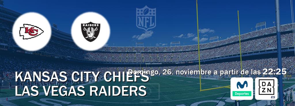 El partido entre Kansas City Chiefs y Las Vegas Raiders será retransmitido por Movistar Deportes y DAZN España (domingo, 26. noviembre a partir de las  22:25).