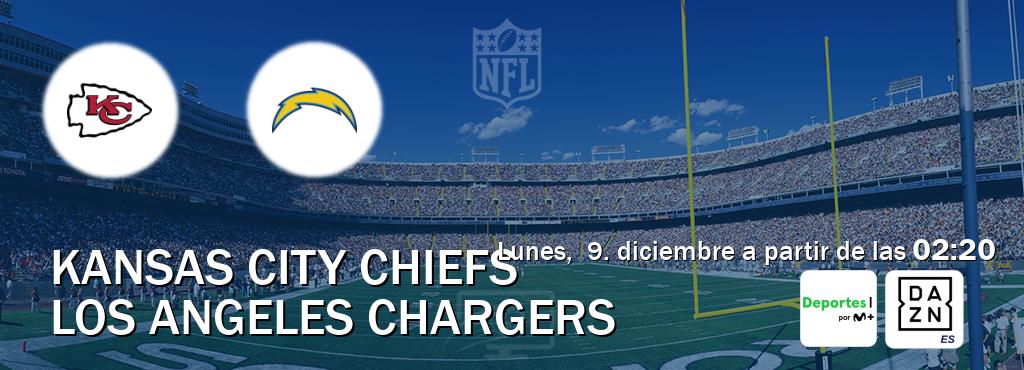 El partido entre Kansas City Chiefs y Los Angeles Chargers será retransmitido por Movistar Deportes y DAZN España (lunes,  9. diciembre a partir de las  02:20).