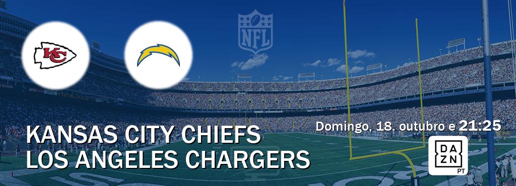 Jogo entre Kansas City Chiefs e Los Angeles Chargers tem emissão DAZN (domingo, 18. outubro e 21:25). Jogo entre Kansas City Chiefs e Los Angeles Chargers tem emissão DAZN (domingo, 18. outubro e 21:25).