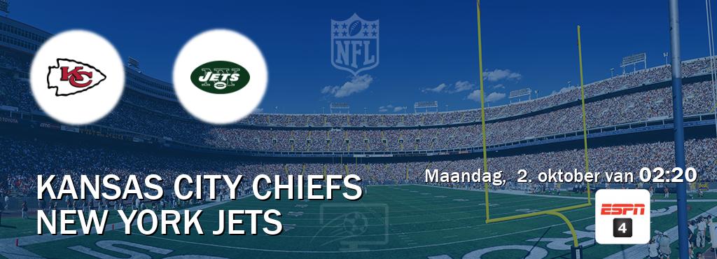 Wedstrijd tussen Kansas City Chiefs en New York Jets live op tv bij ESPN 4 (maandag,  2. oktober van  02:20).