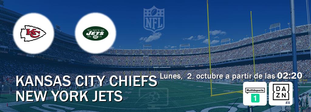 El partido entre Kansas City Chiefs y New York Jets será retransmitido por Multideporte 1 y DAZN España (lunes,  2. octubre a partir de las  02:20).