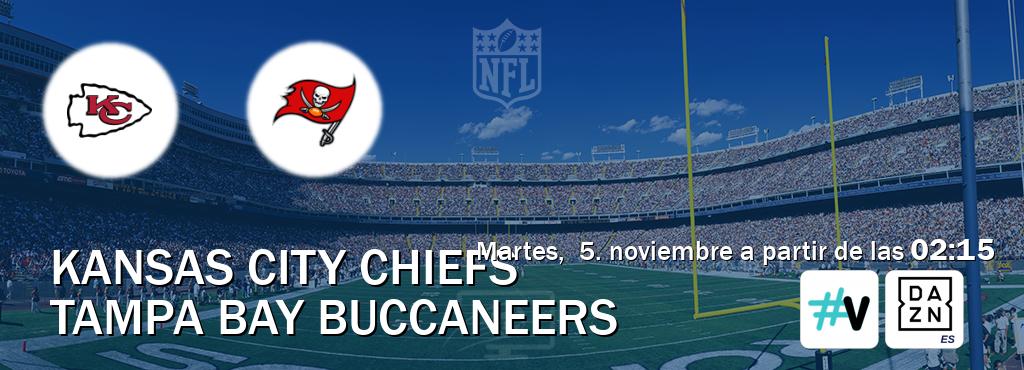 El partido entre Kansas City Chiefs y Tampa Bay Buccaneers será retransmitido por #Vamos y DAZN España (martes,  5. noviembre a partir de las  02:15).