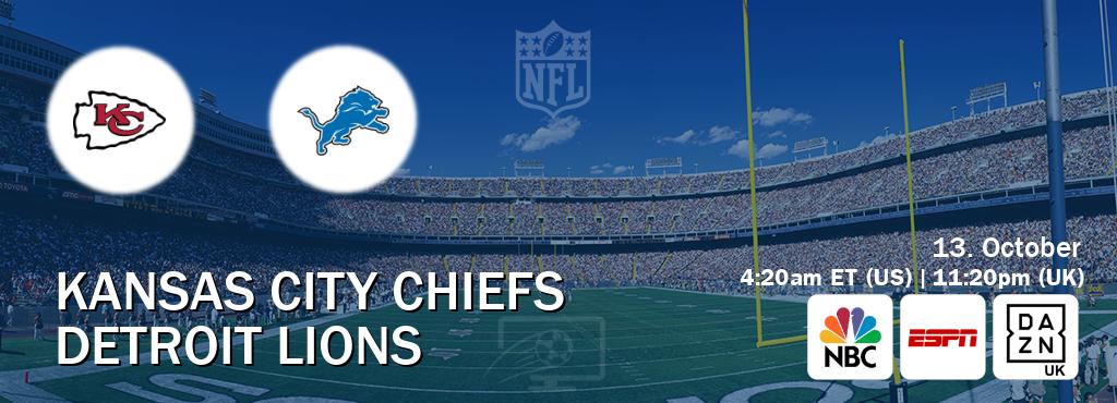 You can watch game live between Kansas City Chiefs and Detroit Lions on NBC(US), ESPN(AU), DAZN UK(UK). You can watch game live between Kansas City Chiefs and Detroit Lions on NBC(US), ESPN(AU), DAZN UK(UK).