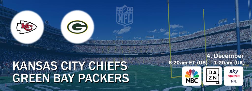 You can watch game live between Kansas City Chiefs and Green Bay Packers on NBC(US), DAZN(AU), Sky Sports NFL(UK).