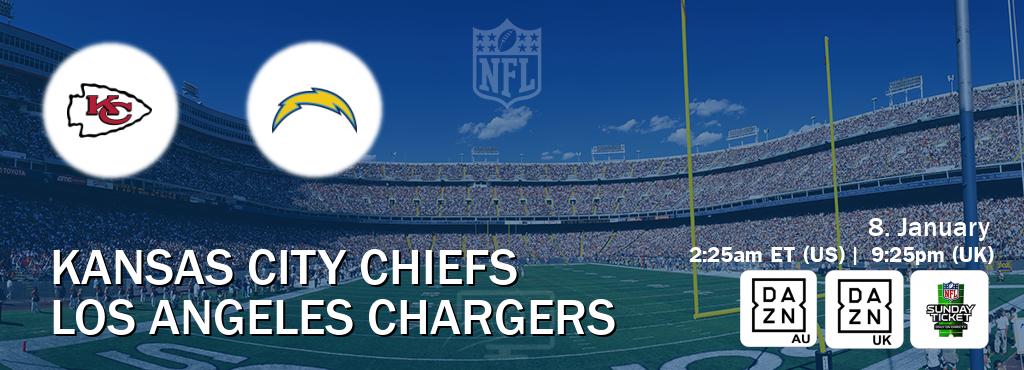 You can watch game live between Kansas City Chiefs and Los Angeles Chargers on DAZN(AU), DAZN UK(UK), NFL Sunday Ticket(US).