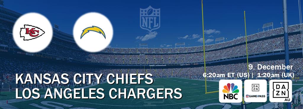 You can watch game live between Kansas City Chiefs and Los Angeles Chargers on NBC(US), DAZN NFL Game Pass, DAZN(AU).