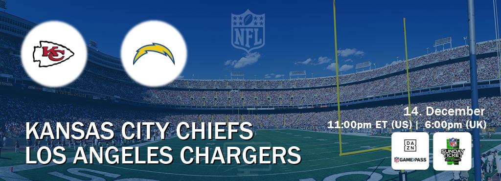 You can watch game live between Kansas City Chiefs and Los Angeles Chargers on DAZN NFL Game Pass and NFL Sunday Ticket(US). You can watch game live between Kansas City Chiefs and Los Angeles Chargers on DAZN NFL Game Pass and NFL Sunday Ticket(US).