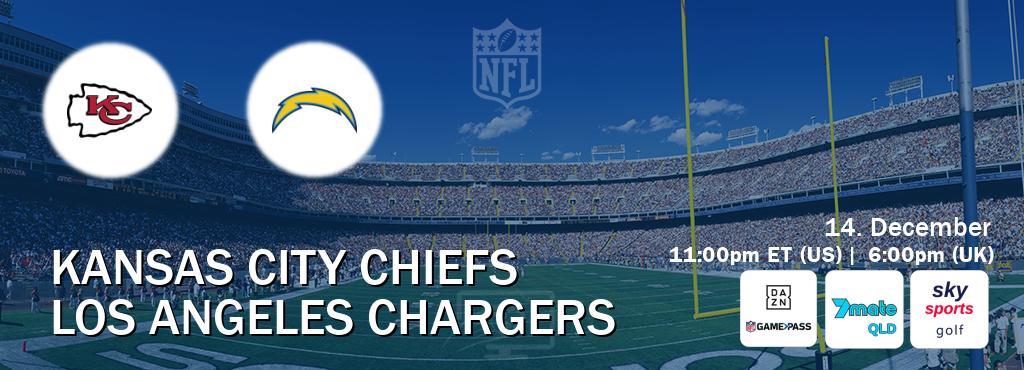 You can watch game live between Kansas City Chiefs and Los Angeles Chargers on DAZN NFL Game Pass, 7Mate Brisbane(AU), Sky Sports Golf(UK).
