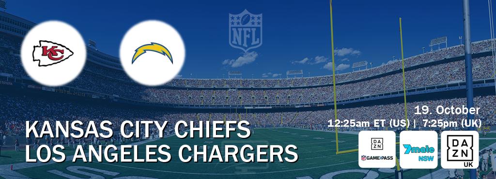 You can watch game live between Kansas City Chiefs and Los Angeles Chargers on DAZN NFL Game Pass, 7Mate Sydney(AU), DAZN UK(UK). You can watch game live between Kansas City Chiefs and Los Angeles Chargers on DAZN NFL Game Pass, 7Mate Sydney(AU), DAZN UK(UK).