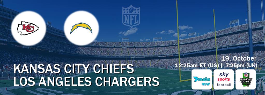 You can watch game live between Kansas City Chiefs and Los Angeles Chargers on 7Mate Sydney(AU), Sky Sports Football(UK), NFL Sunday Ticket(US).