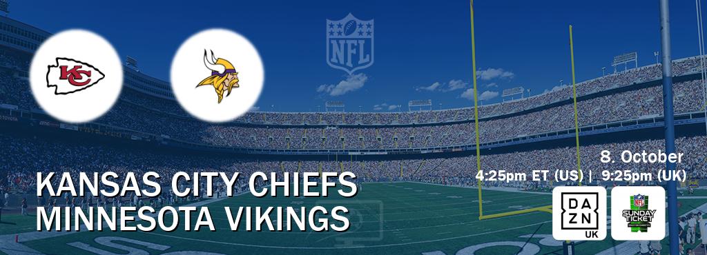 You can watch game live between Kansas City Chiefs and Minnesota Vikings on DAZN UK(UK) and NFL Sunday Ticket(US).