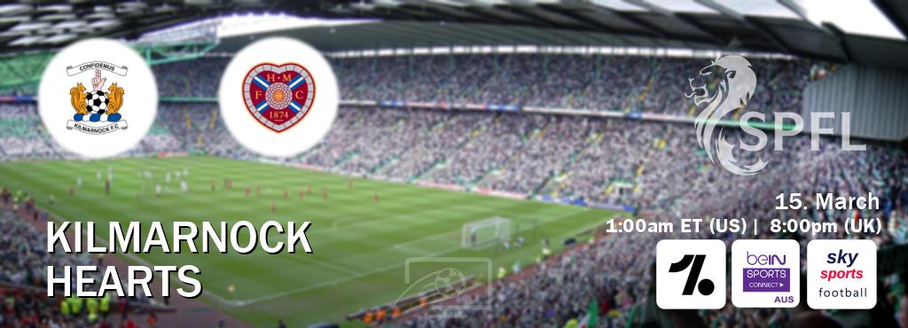 You can watch game live between Kilmarnock and Hearts on OneFootball, beIN Sports Connect(AU), Sky Sports Football(UK). You can watch game live between Kilmarnock and Hearts on OneFootball, beIN Sports Connect(AU), Sky Sports Football(UK).