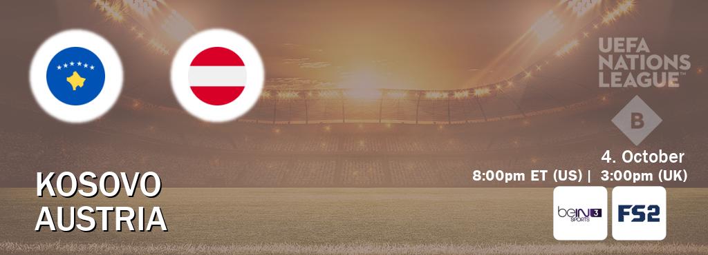 You can watch game live between Kosovo and Austria on beIN SPORTS 3(AU) and FOX Sports 2(US). You can watch game live between Kosovo and Austria on beIN SPORTS 3(AU) and FOX Sports 2(US).
