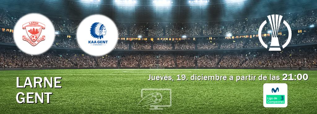 El partido entre Larne y Gent será retransmitido por Movistar Liga de Campeones 3 (jueves, 19. diciembre a partir de las  21:00).