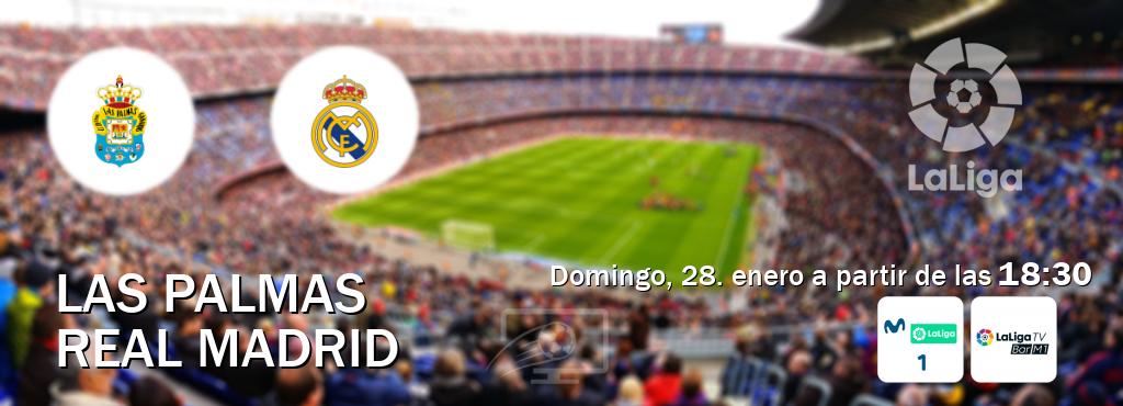 El partido entre Las Palmas y Real Madrid será retransmitido por M. LaLiga 1 y La Liga TV Bar M1 (domingo, 28. enero a partir de las  18:30).