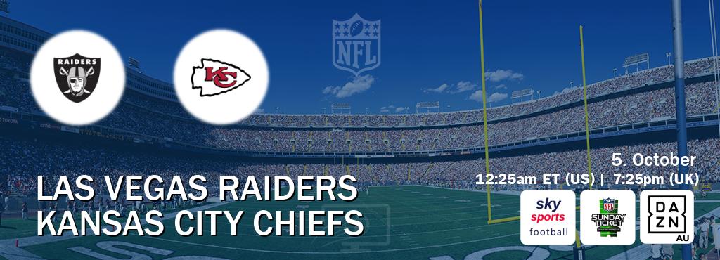 You can watch game live between Las Vegas Raiders and Kansas City Chiefs on Sky Sports Football(UK), NFL Sunday Ticket(US), DAZN(AU).