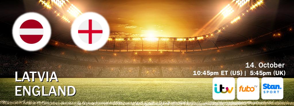 You can watch game live between Latvia and England on ITV(UK), fuboTV(US), Stan Sport(AU). You can watch game live between Latvia and England on ITV(UK), fuboTV(US), Stan Sport(AU).