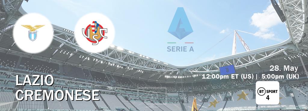 You can watch game live between Lazio and Cremonese on BT Sport 4.