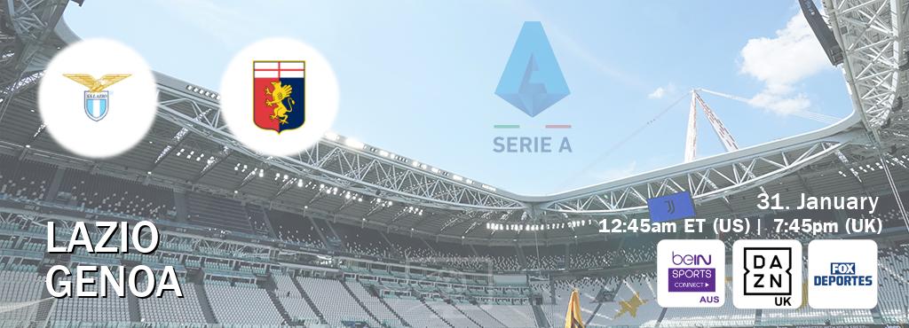 You can watch game live between Lazio and Genoa on beIN Sports Connect(AU), DAZN UK(UK), Fox Deportes(US).