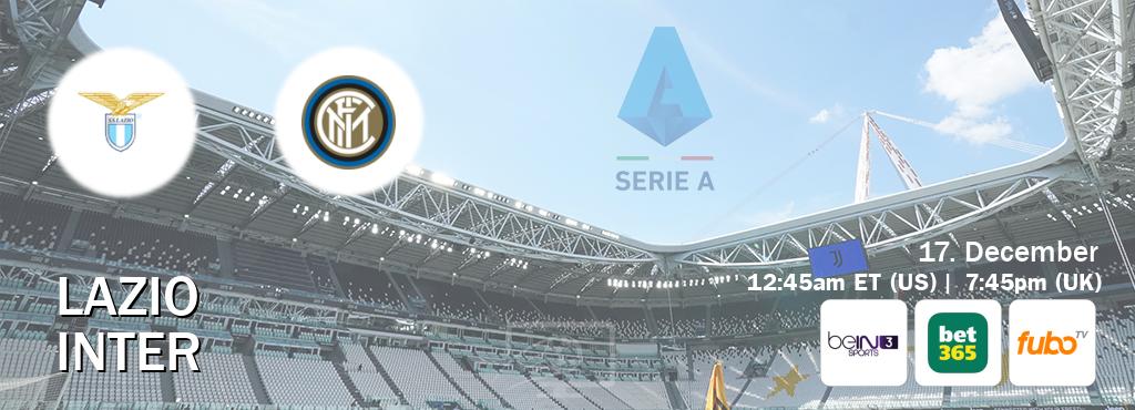 You can watch game live between Lazio and Inter on beIN SPORTS 3(AU), bet365(UK), fuboTV(US).