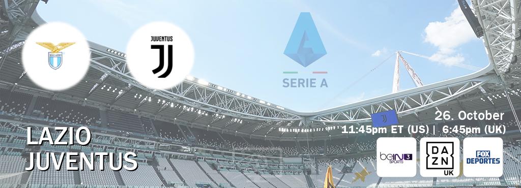 You can watch game live between Lazio and Juventus on beIN SPORTS 3(AU), DAZN UK(UK), Fox Deportes(US). You can watch game live between Lazio and Juventus on beIN SPORTS 3(AU), DAZN UK(UK), Fox Deportes(US).