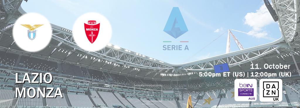 You can watch game live between Lazio and Monza on beIN Sports Connect(AU) and DAZN UK(UK).