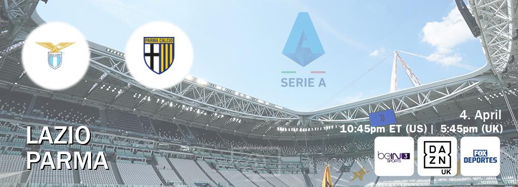 You can watch game live between Lazio and Parma on beIN SPORTS 3(AU), DAZN UK(UK), Fox Deportes(US).