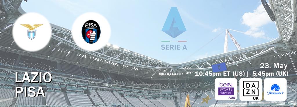 You can watch game live between Lazio and Pisa on beIN Sports Connect(AU), DAZN UK(UK), Paramount+(US).