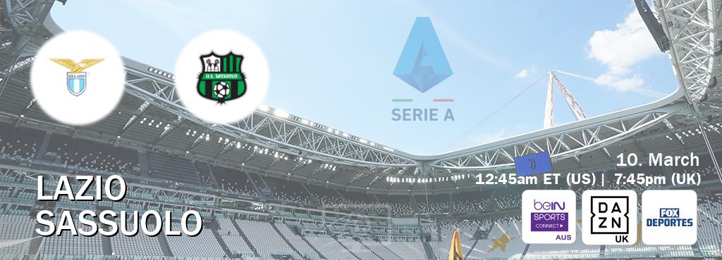 You can watch game live between Lazio and Sassuolo on beIN Sports Connect(AU), DAZN UK(UK), Fox Deportes(US).