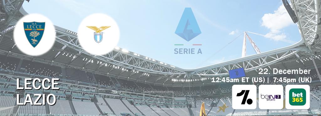 You can watch game live between Lecce and Lazio on OneFootball, beIN SPORTS 3(AU), bet365(UK).