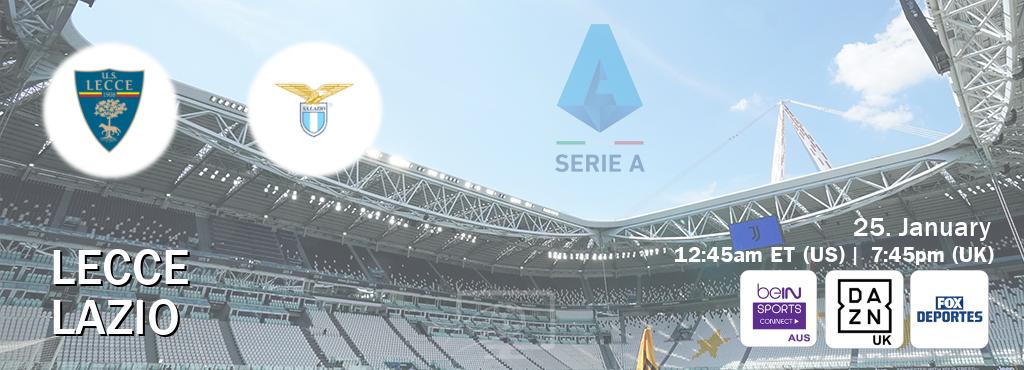 You can watch game live between Lecce and Lazio on beIN Sports Connect(AU), DAZN UK(UK), Fox Deportes(US).