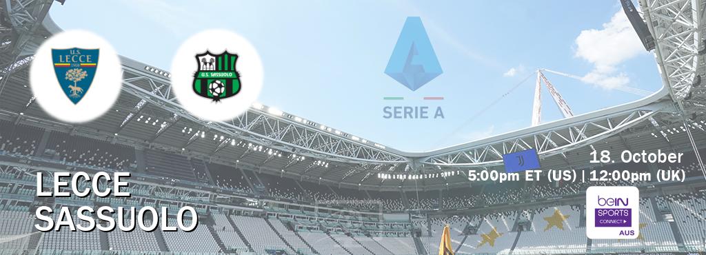 You can watch game live between Lecce and Sassuolo on beIN Sports Connect(AU). You can watch game live between Lecce and Sassuolo on beIN Sports Connect(AU).