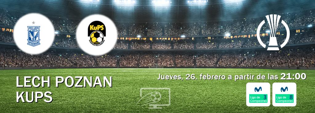 El partido entre Lech Poznan y KuPS será retransmitido por Movistar Liga de Campeones 3 y Movistar Liga de Campeones 8 (jueves, 26. febrero a partir de las  21:00).