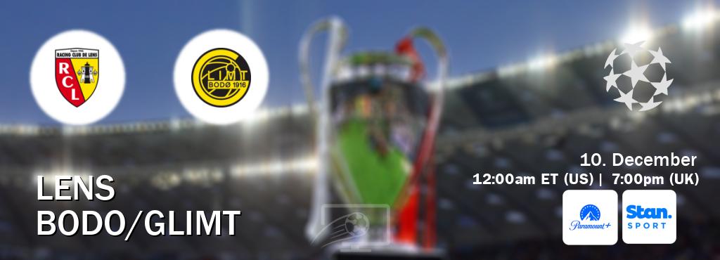 You can watch game live between Lens and Bodo/Glimt on Paramount+(US) and Stan Sport(AU). You can watch game live between Lens and Bodo/Glimt on Paramount+(US) and Stan Sport(AU).