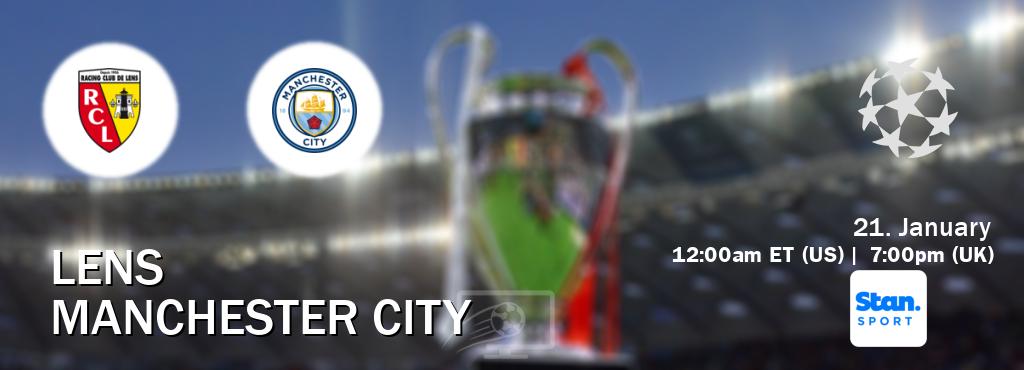 You can watch game live between Lens and Manchester City on Stan Sport(AU). You can watch game live between Lens and Manchester City on Stan Sport(AU).