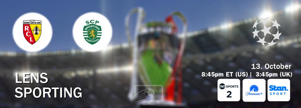 You can watch game live between Lens and Sporting on TNT Sports 2(UK), Paramount+(US), Stan Sport(AU). You can watch game live between Lens and Sporting on TNT Sports 2(UK), Paramount+(US), Stan Sport(AU).