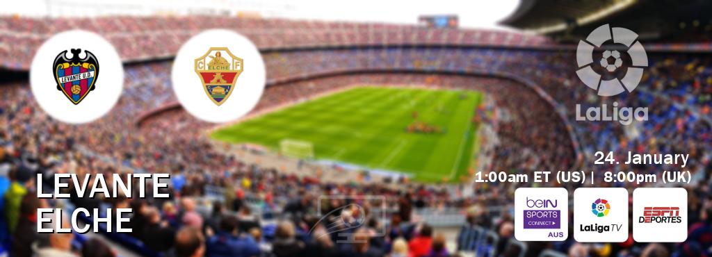 You can watch game live between Levante and Elche on beIN Sports Connect(AU), LaLiga TV(UK), ESPN Deportes(US).